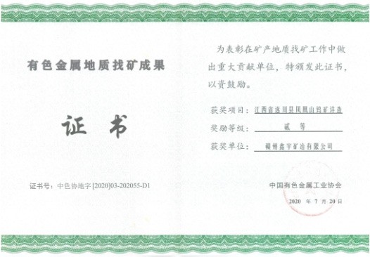 中国有色金属工业协会有色金属地质找矿成果二等奖